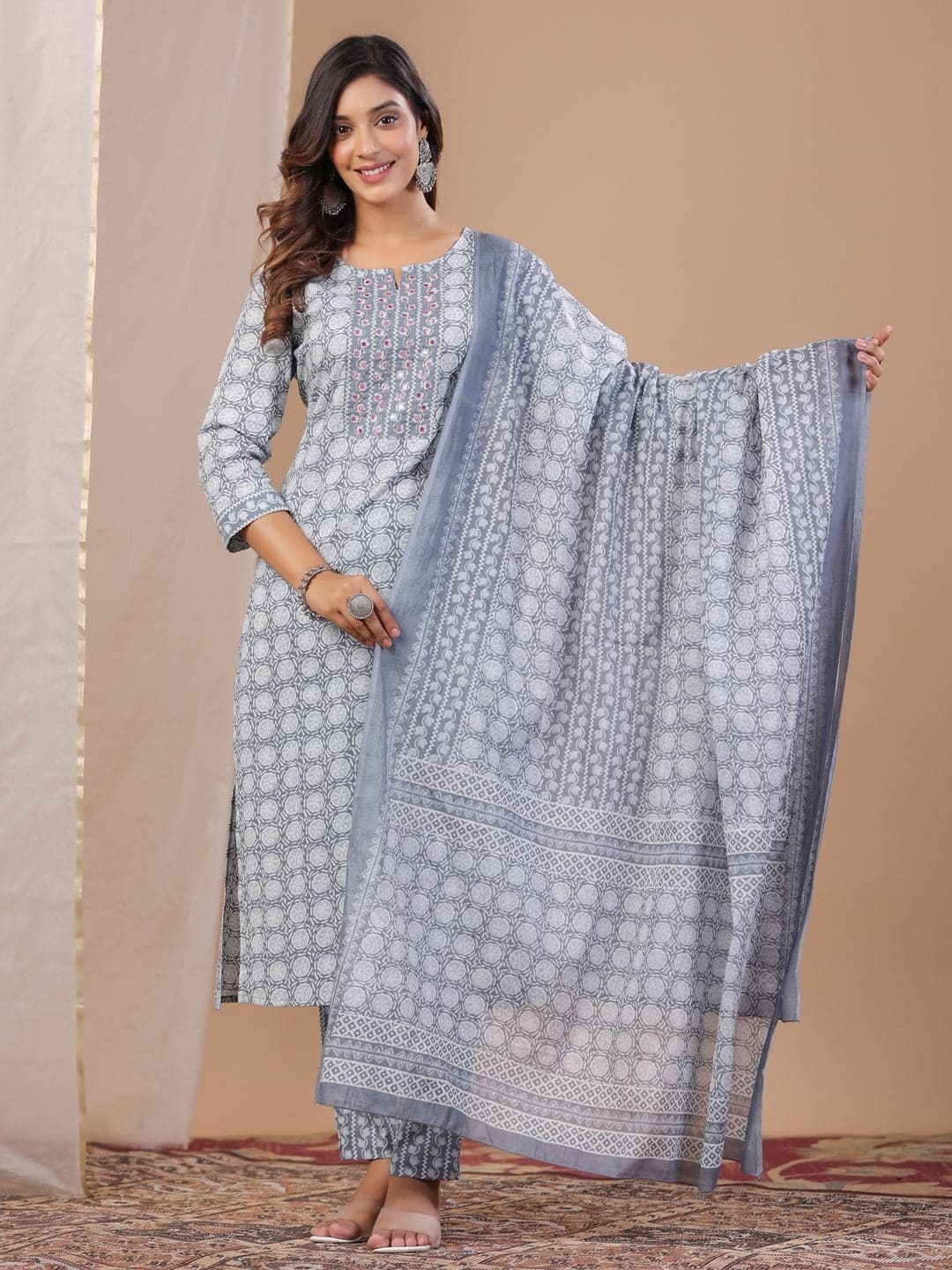 Volso Fashion Women's Grey Ethnic Motifs Printed Beads And Stones Pure Cotton Kurta With Trousers & With Dupatta