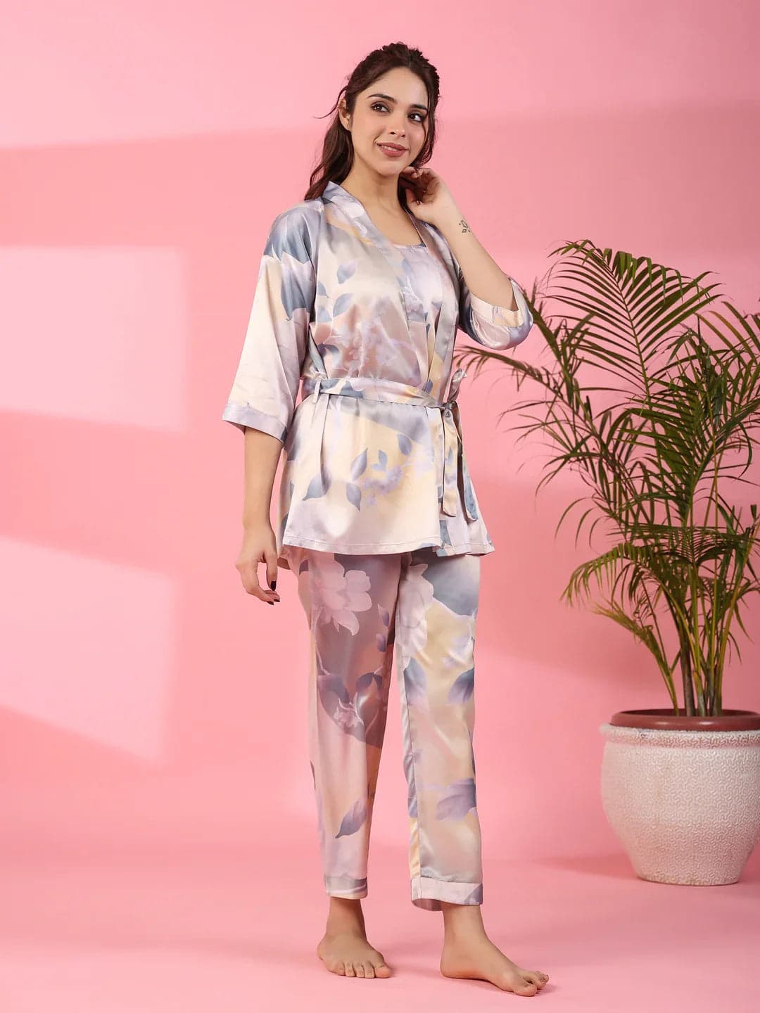 Volso Fashion Women's 3-Piece Poly Satin Night Suit