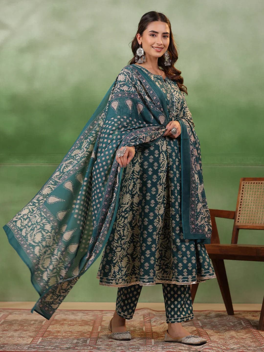 Volso Fashion Women's Set Of Pure Cotton 3 Pcs Teal Colour Flared Printed Kurta Sets