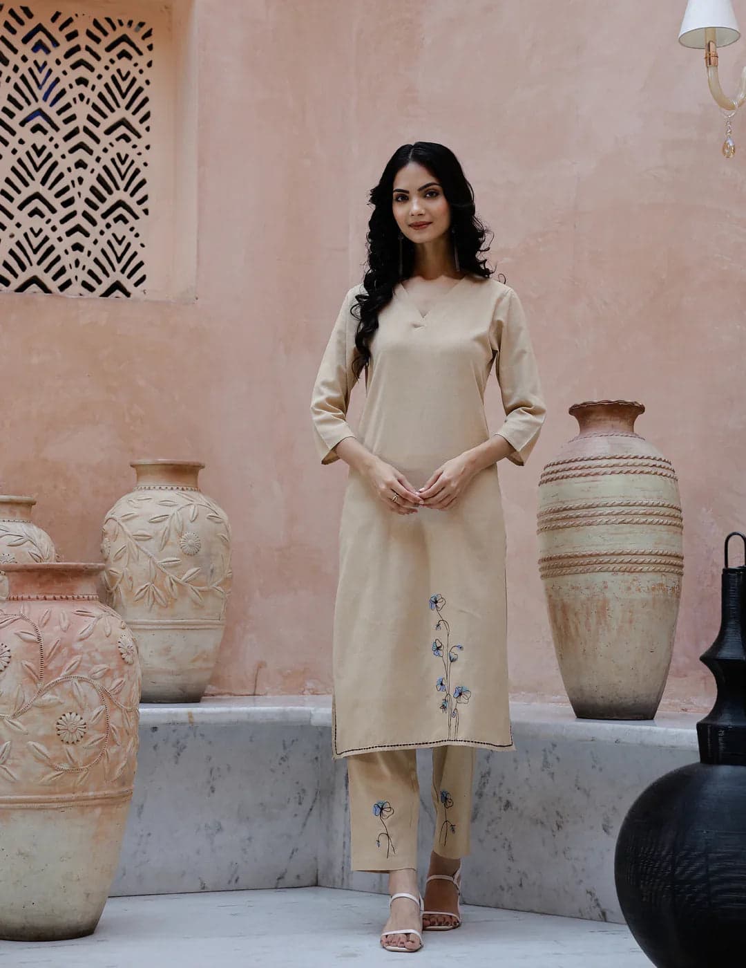 Volso Fashion Beige Solid Print Cotton Kurta Set