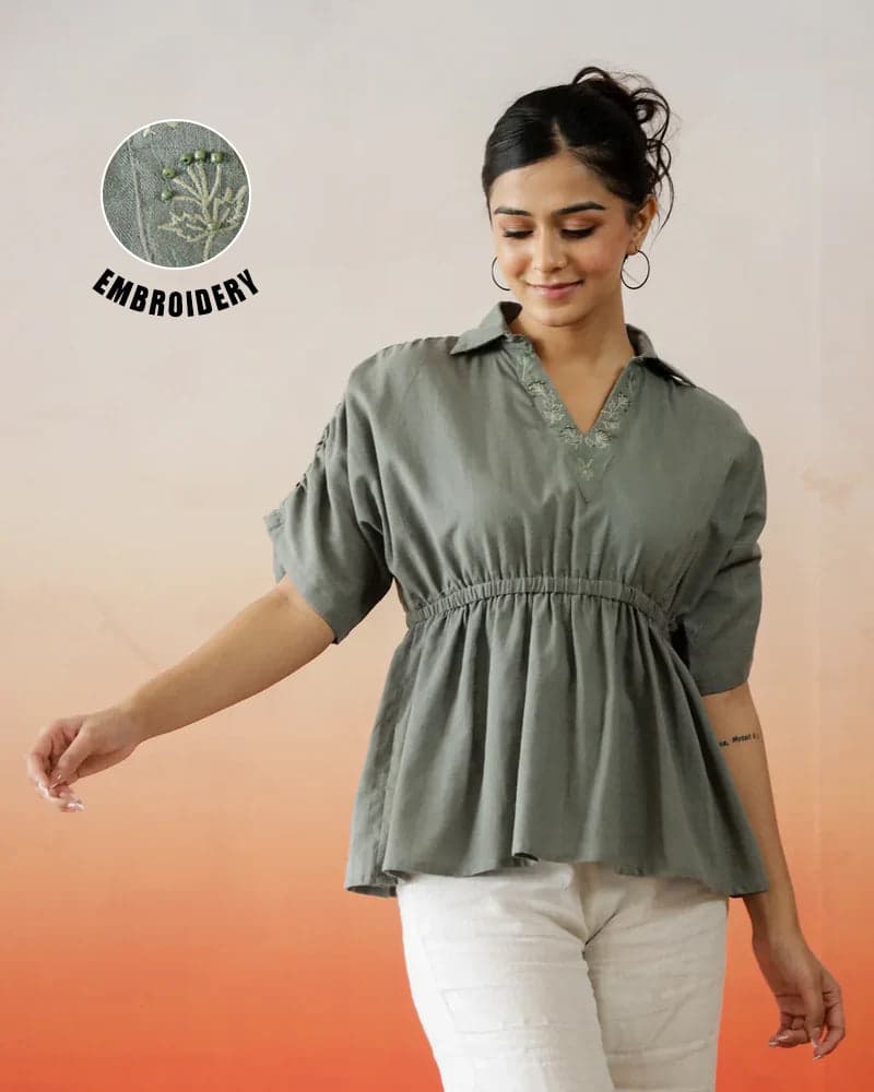 Volso Fashion Solid Print Cotton Embroidered Top