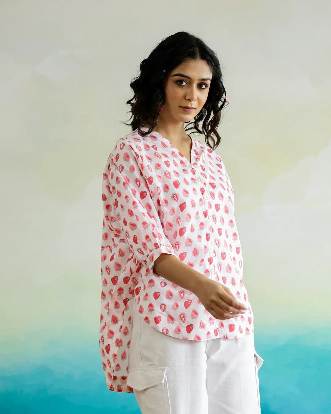 Volso Fashion Strawberry Print Cotton V-Neck Top