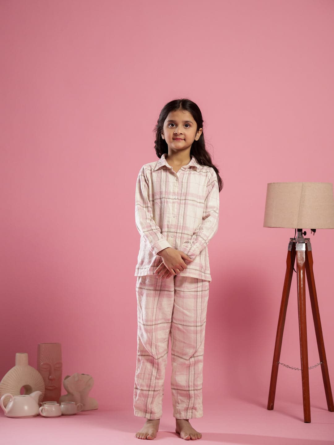 Volso Fashion Pink Checked Printed Cotton Winter Night Suit For Kids