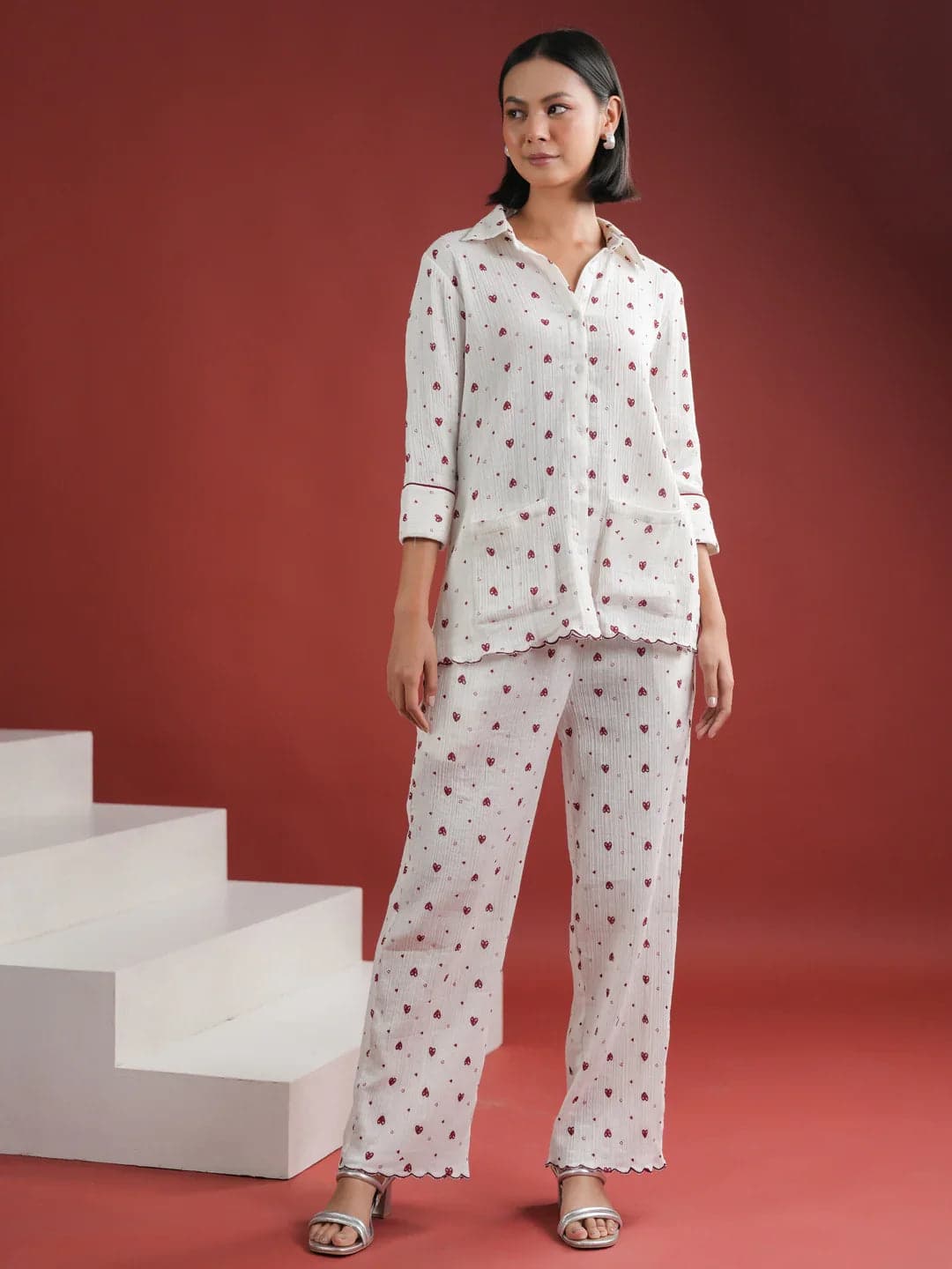 Volso Fashion White Heart Printed Cotton Night Suit Set