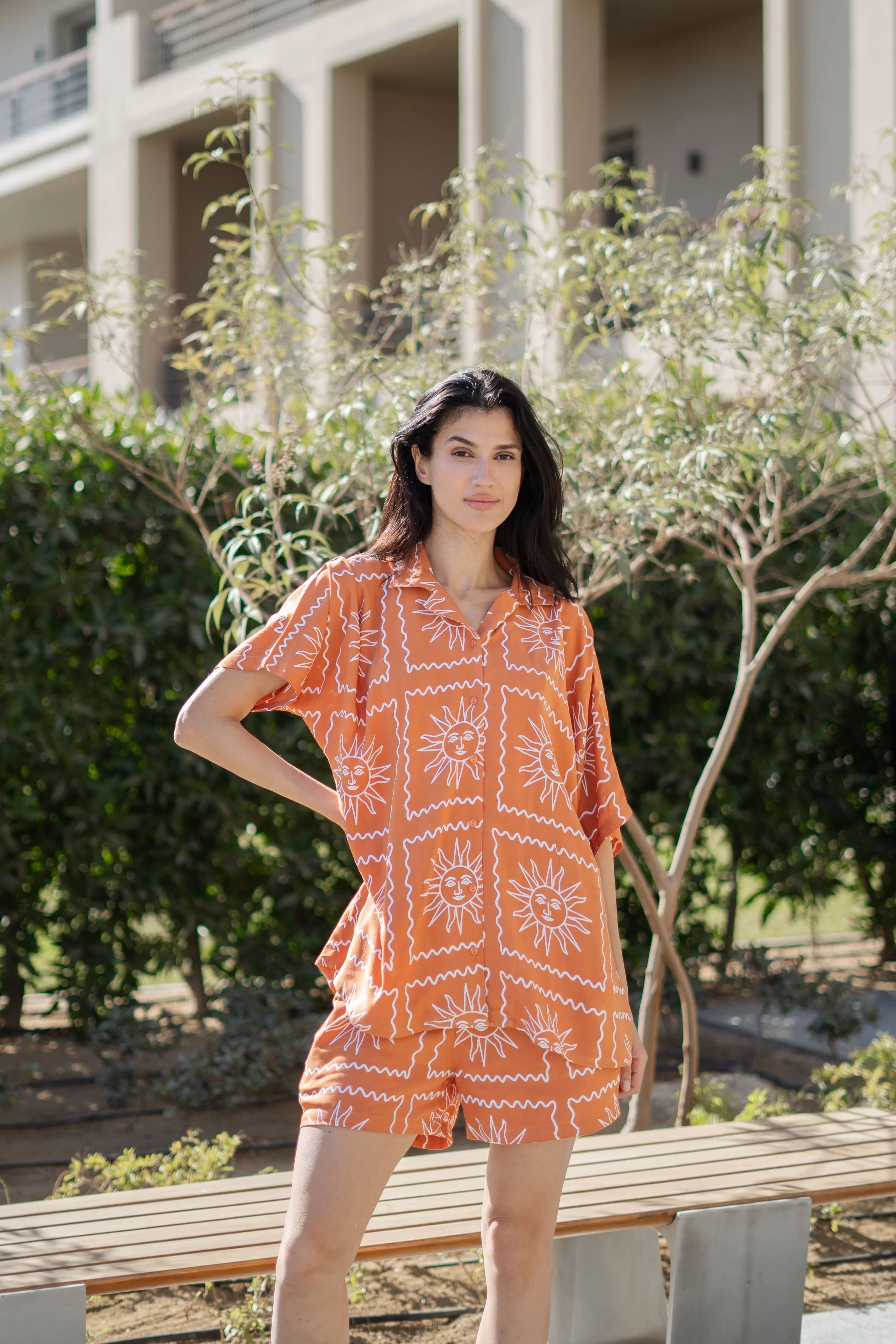 Volso Fashion Women's Rust Viscose Rayon Printed Shirt Collar Night Suit