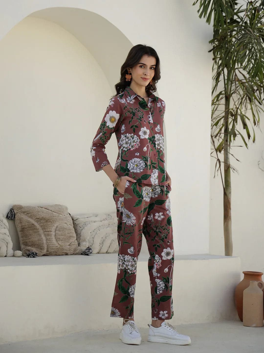 Volso Fashion Women's Brown Floral Printed Cotton Night Suit