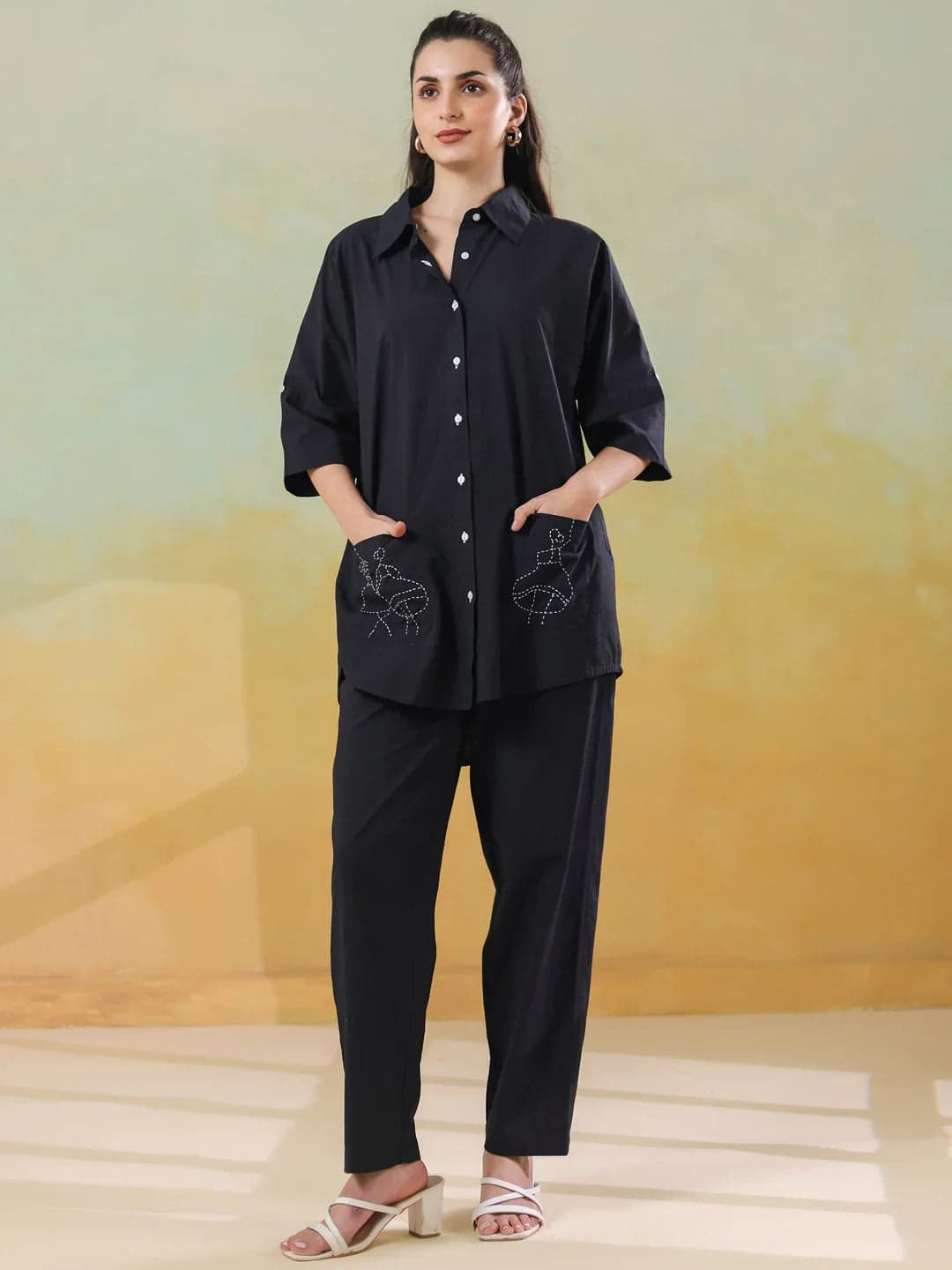 Volso Fashion Women's Black Color Shirt Collar Pure Cotton Co-Ord Set