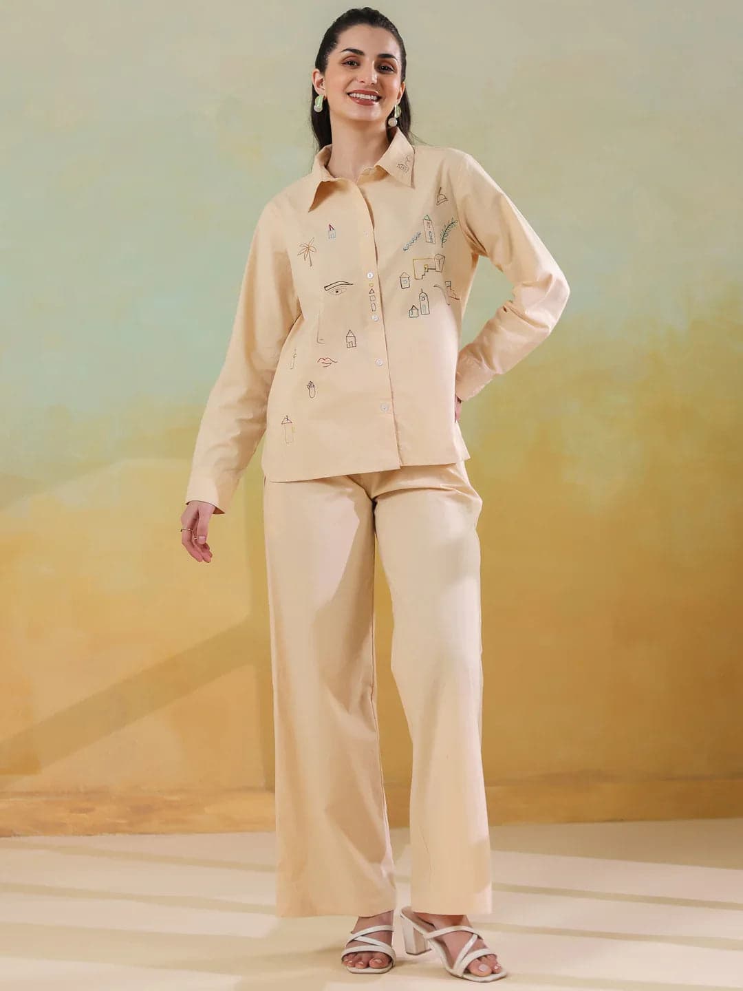 Volso Fashion Women's Cream Color Shirt Collar Pure Cotton Co-Ord Set