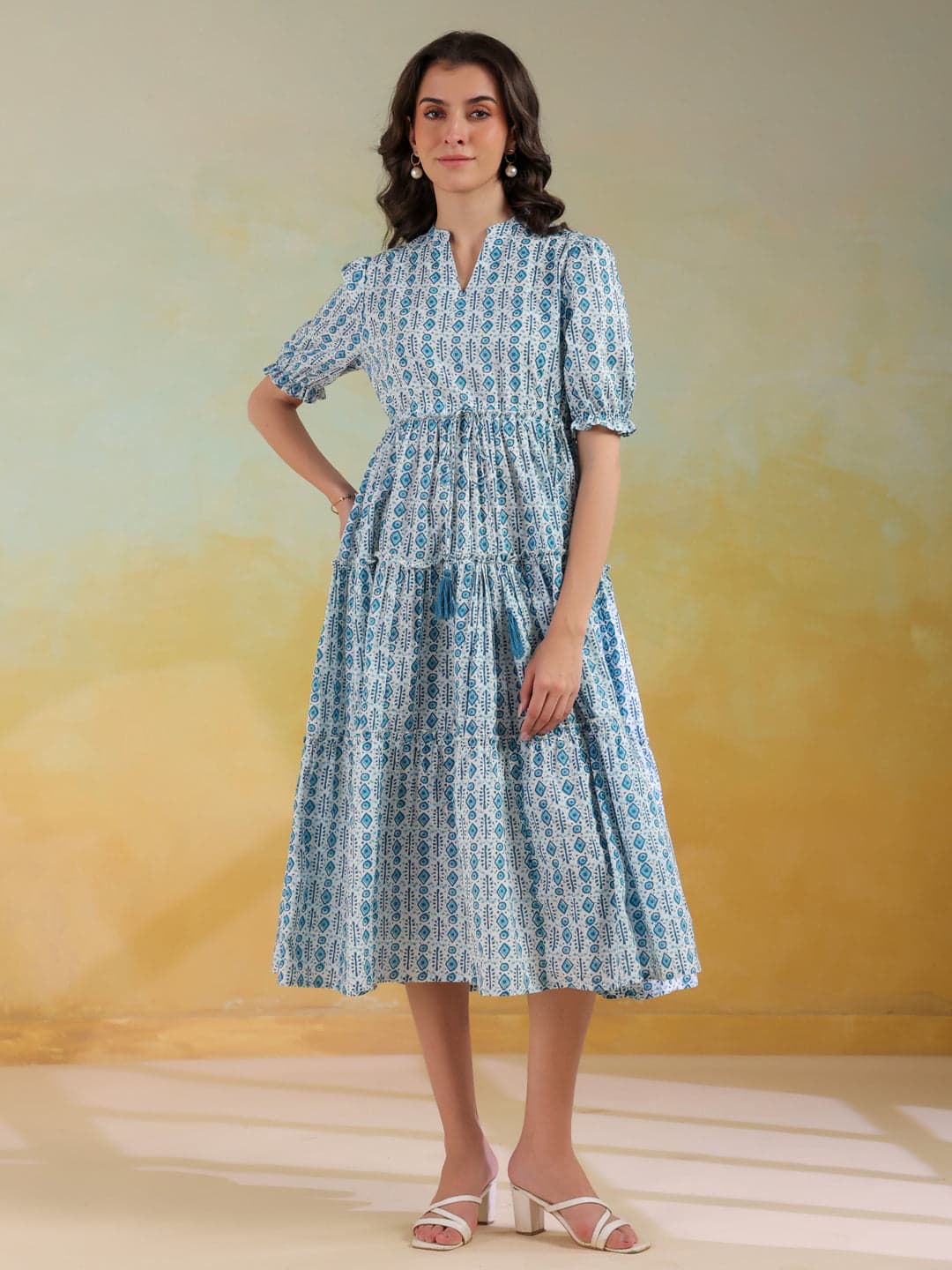 Volso Fashion Women's Blue Color Geometric Printed Cotton Dress