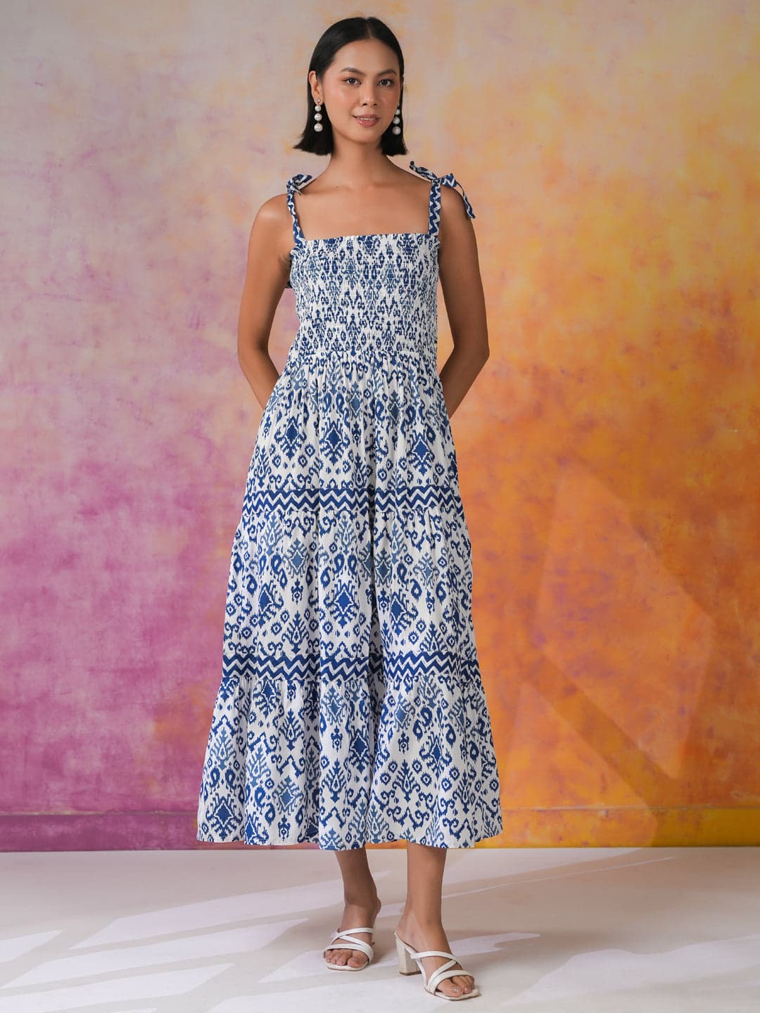 Volso Fashion Women's Blue Printed Square Neck Dress