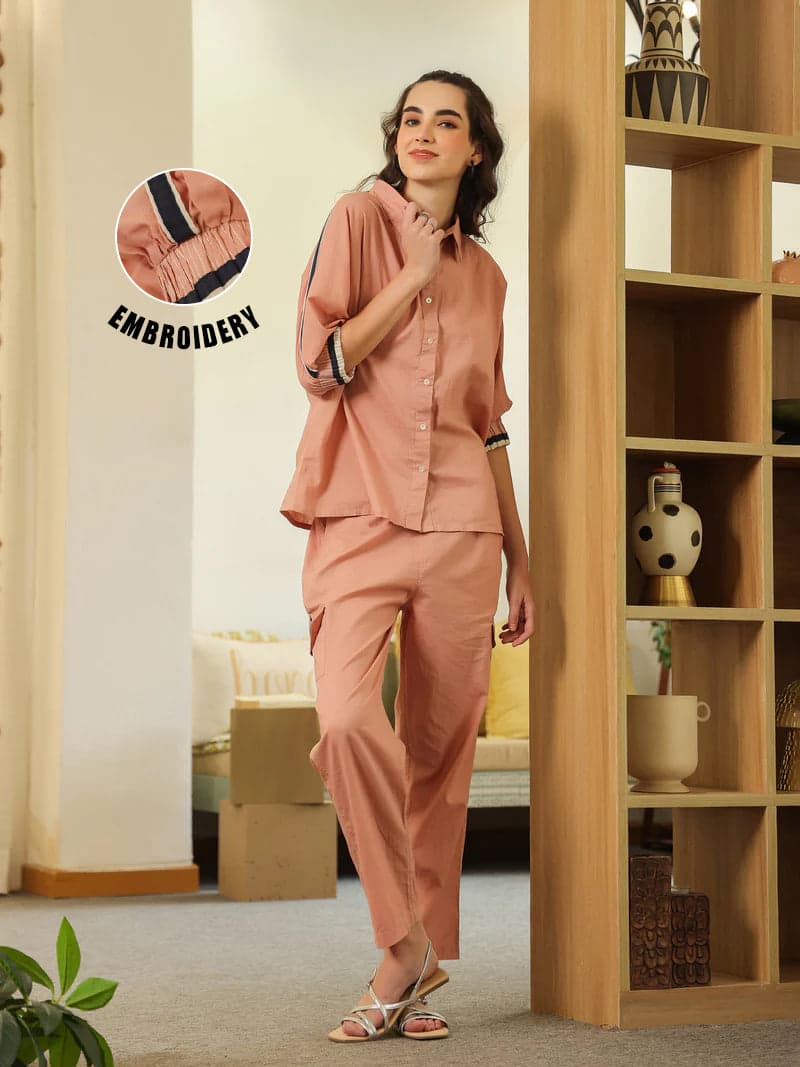 Volso Fashion Women's Peach Shirt Collar Pure Cotton Shirt Solid Co-Ord Set