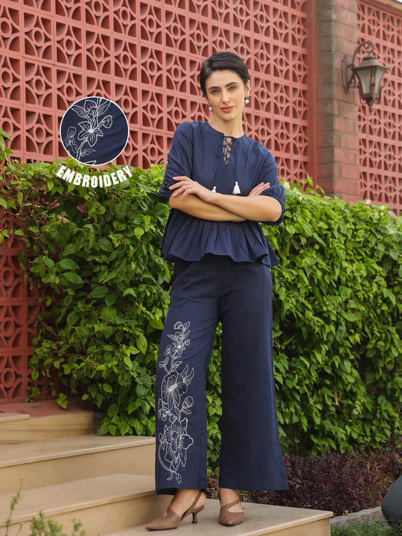Volso Fashion Women's Blue Round Neck Pure Cotton Top Solid Co-Ord Set