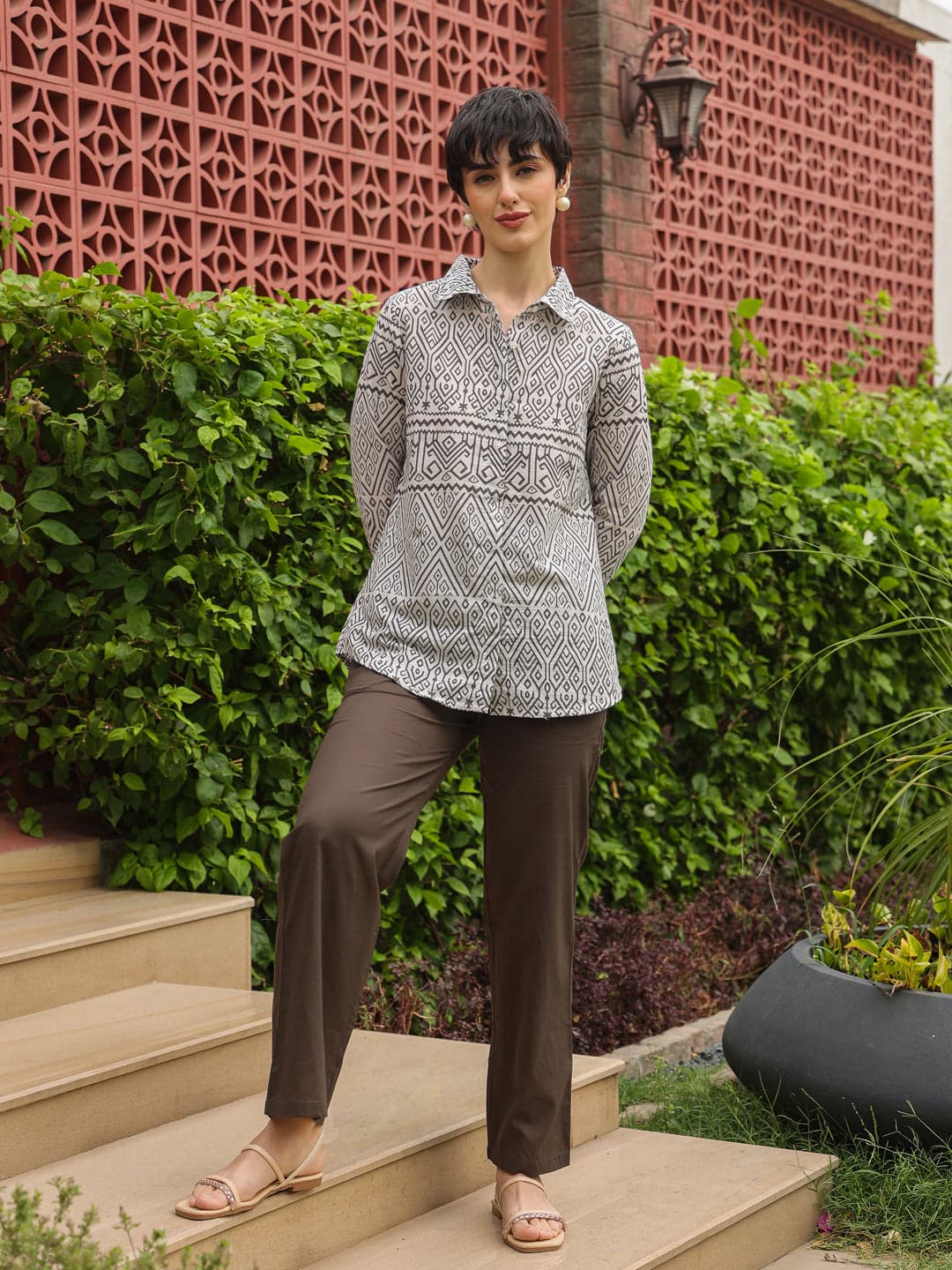 Volso Fashion Women's White Shirt Collar Pure Cotton Shirt Printed Co-Ord Set