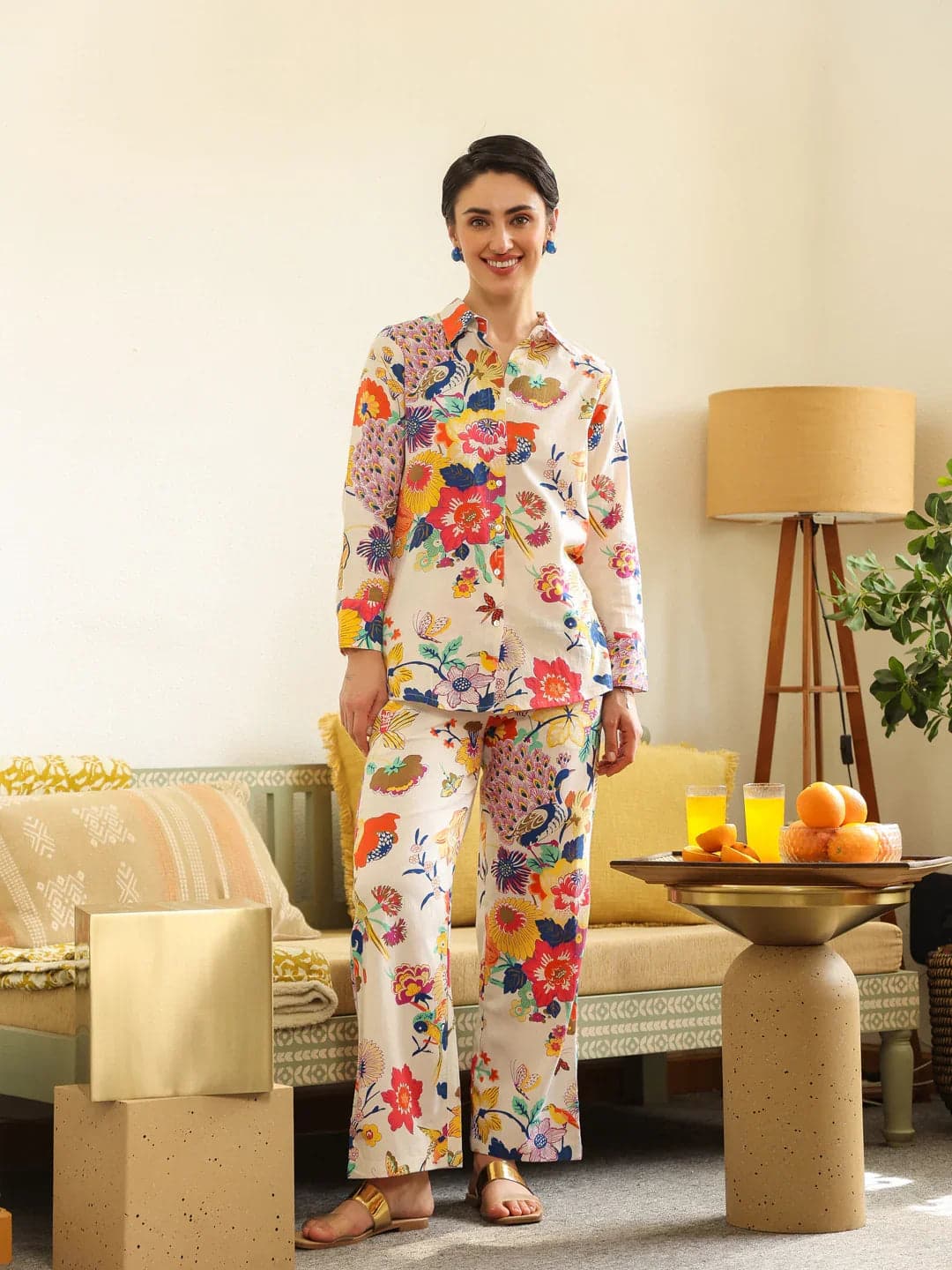 Volso Fashion Women's Off White Shirt Collar Pure Cotton Shirt Printed Co-Ord Set