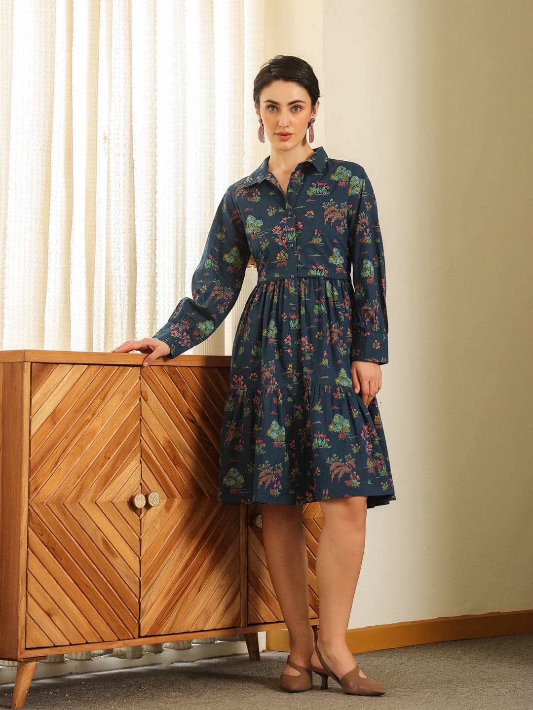 Volso Fashion Women's Navy Blue Cotton Printed Shirt Collar Dress