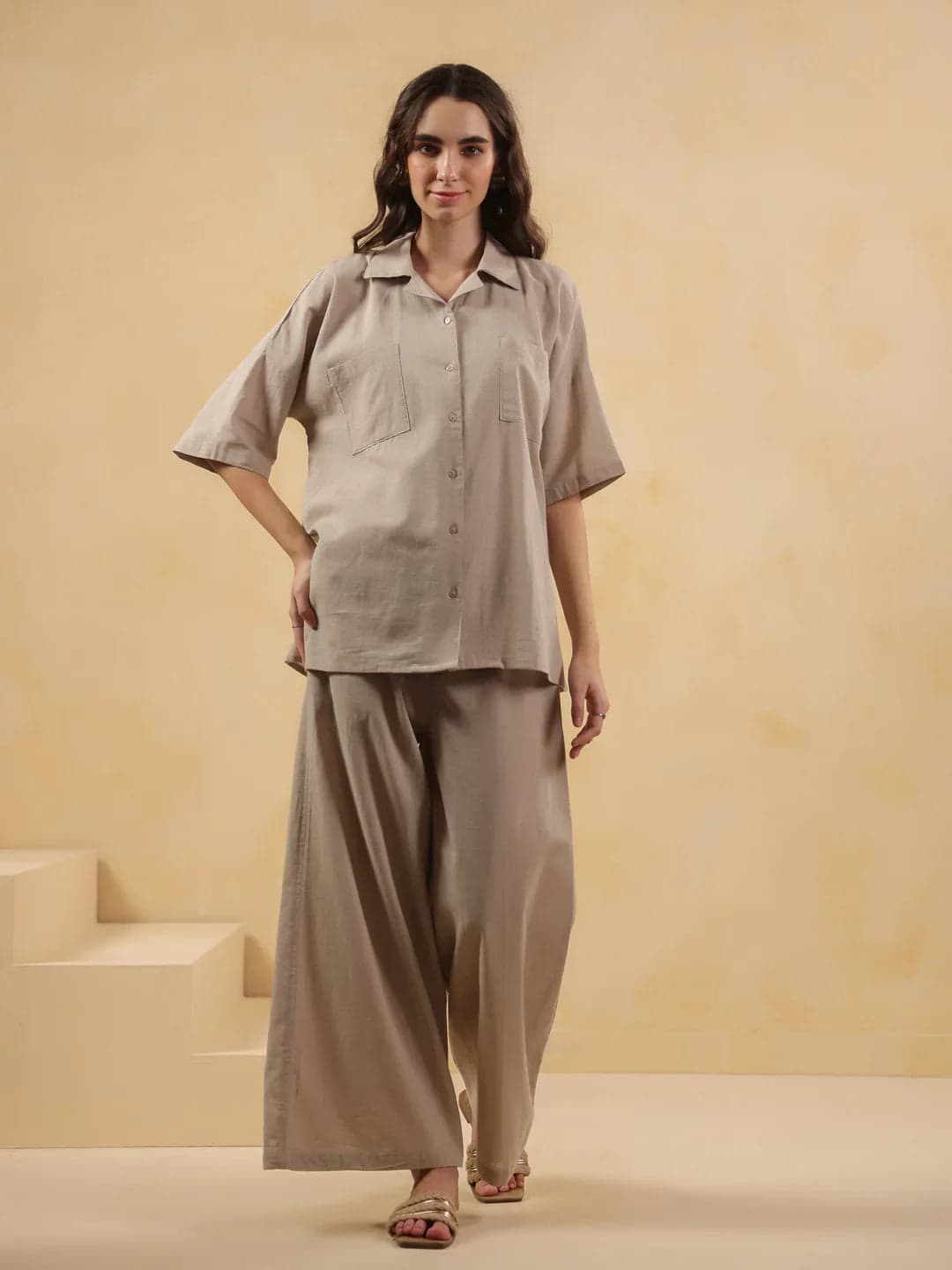 Volso Fashion Women's Beige Lapel Collar Pure Cotton Solid Night Suit