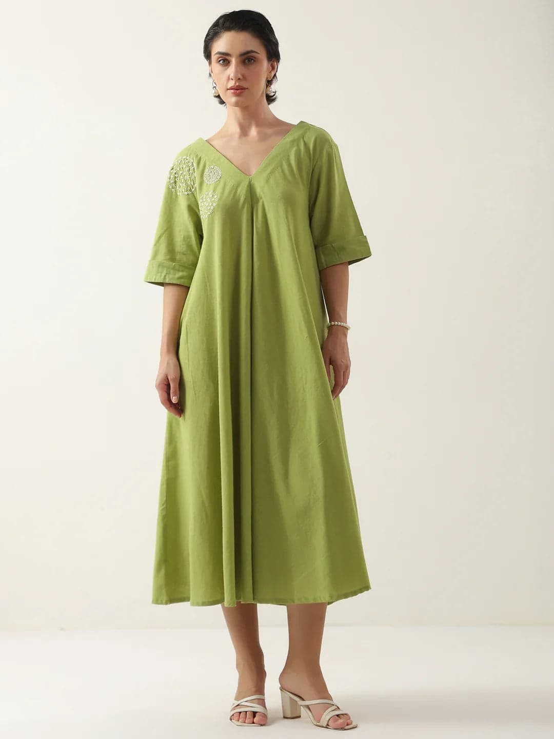 Volso Fashion Women's Lime Green V-Neck Cotton Dress