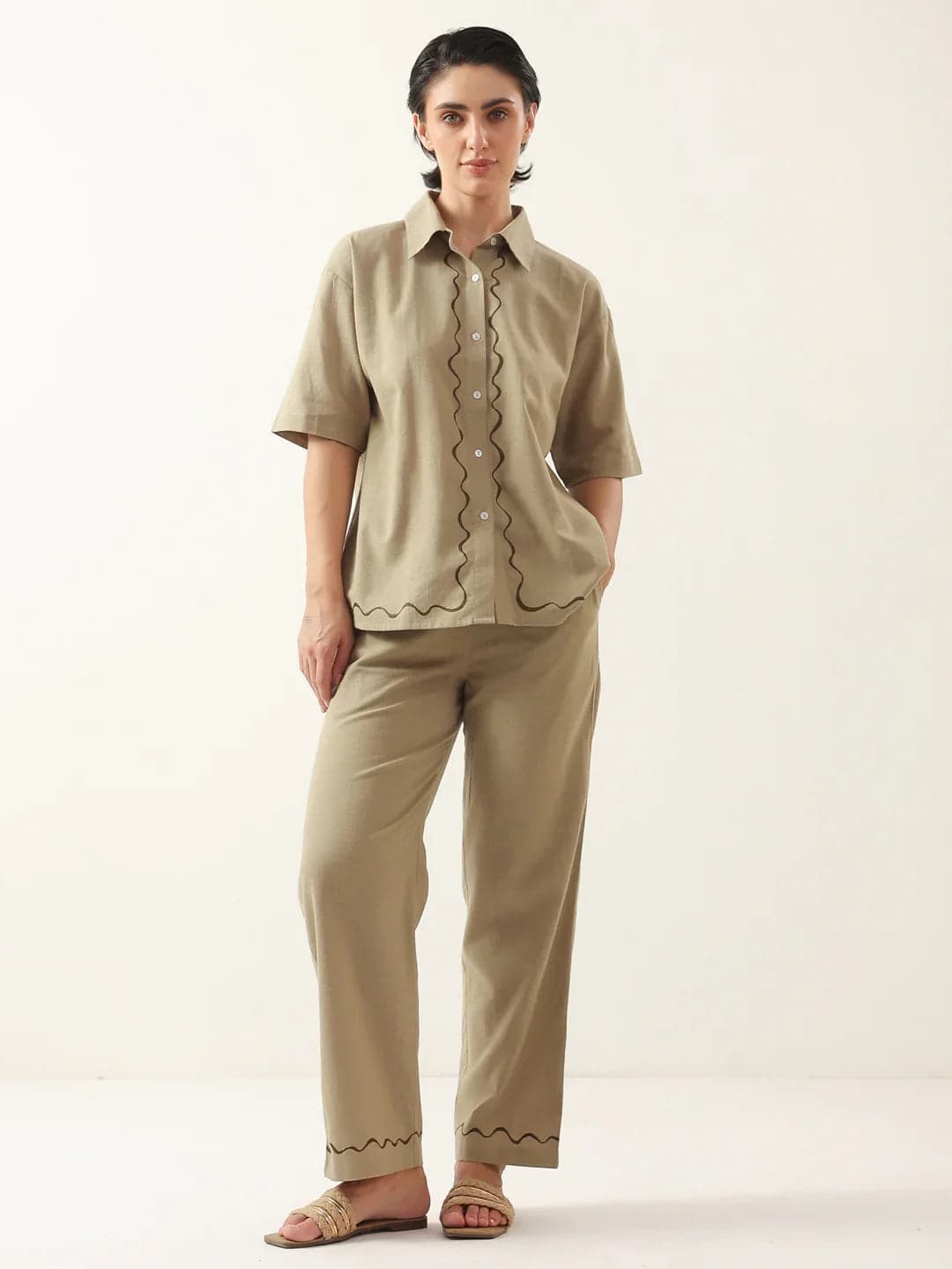 Volso Fashion Brown Solid Cotton Shirt Collar Night Suit
