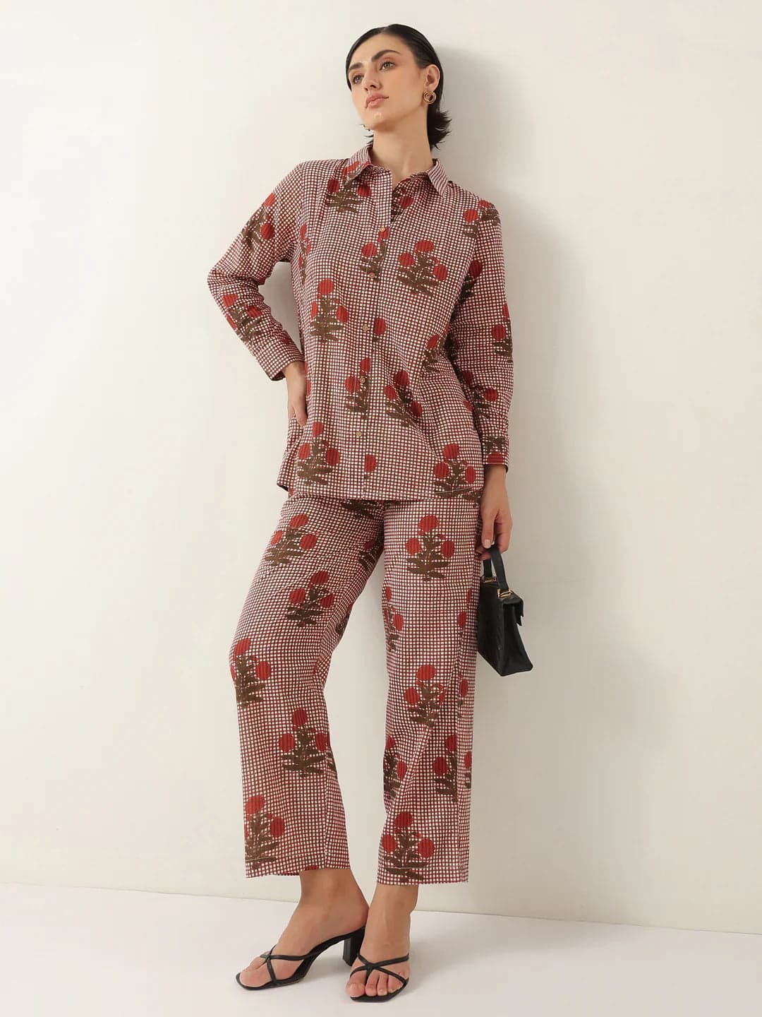 Volso Fashion Red Cotton Floral Printed Shirt Collar Night Suit
