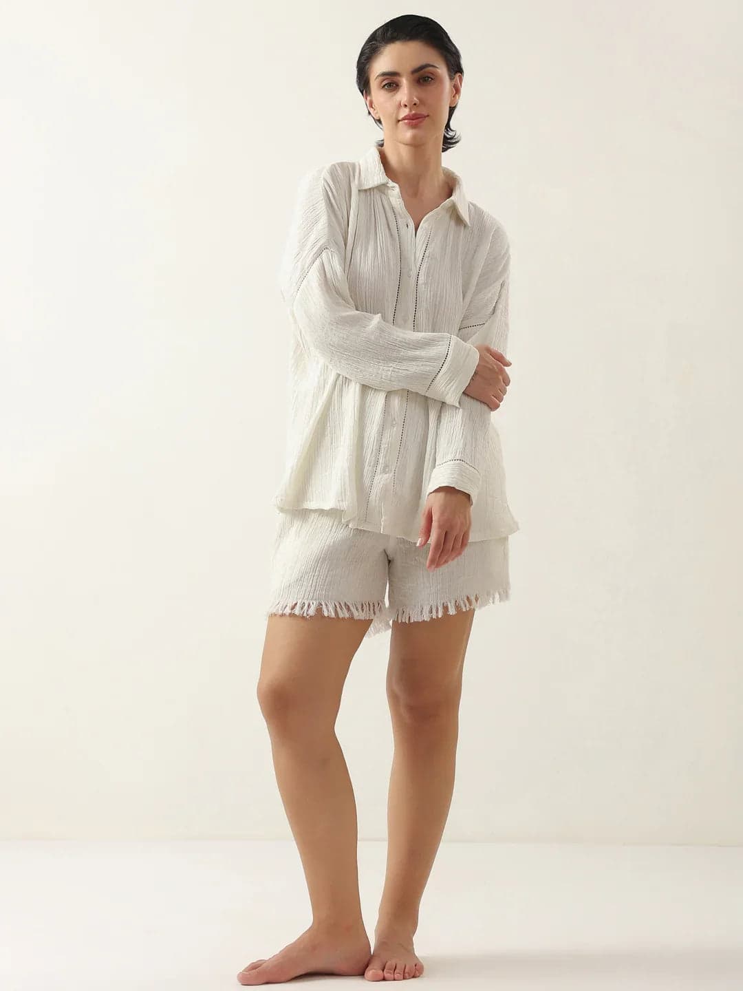 Volso Fashion Women's White Pure Cotton Solid Night Suit