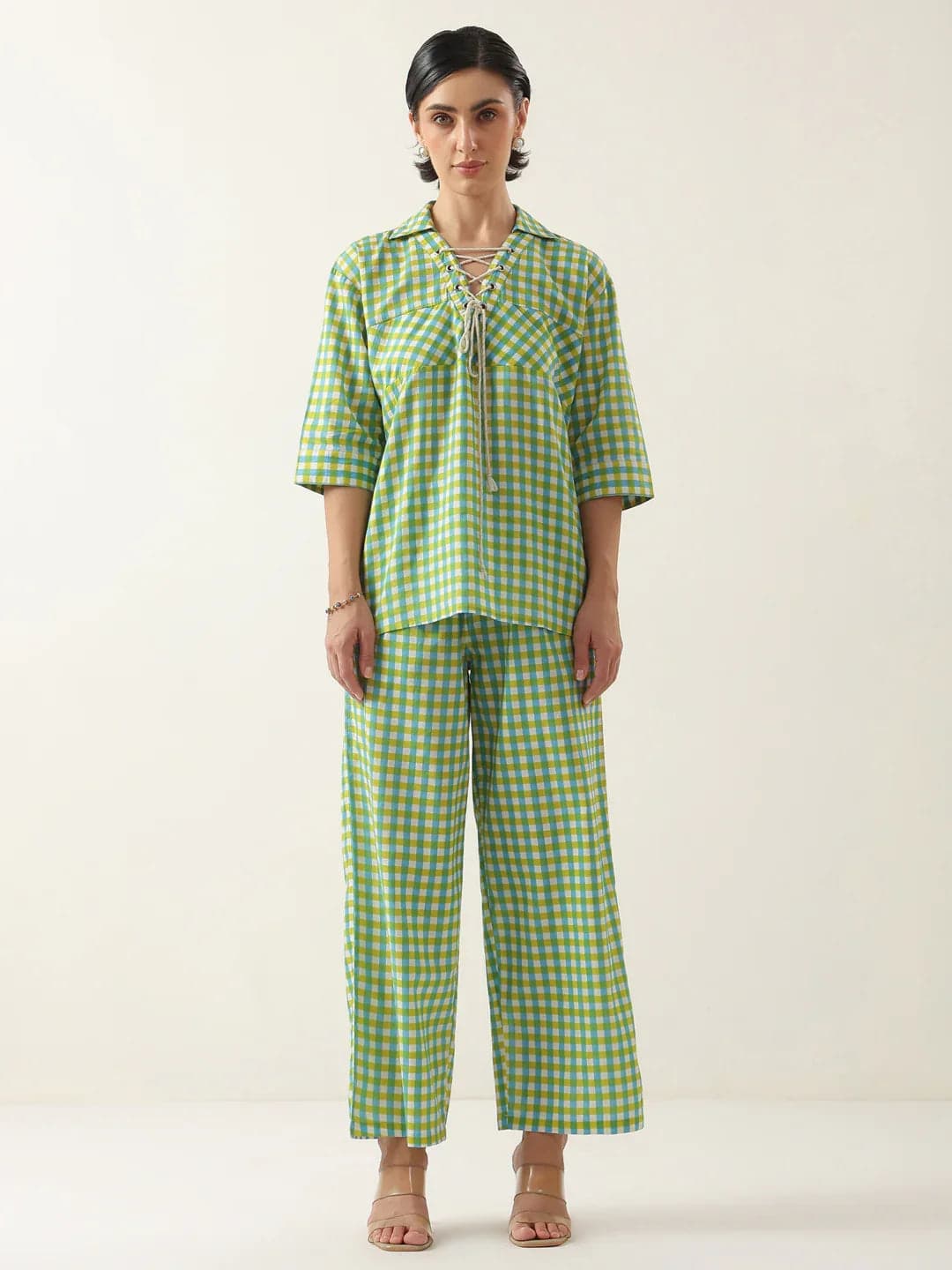 Volso Fashion Women's Green Color Check Printed Cotton Co-Ord Set