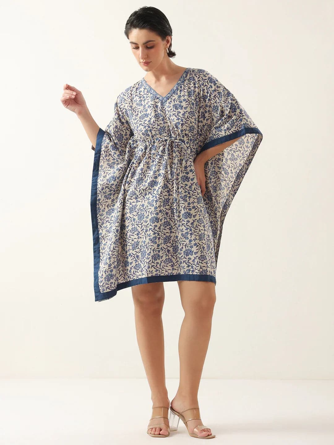 Volso Fashion Off White V-Neck Pure Cotton Kaftan Night Dress