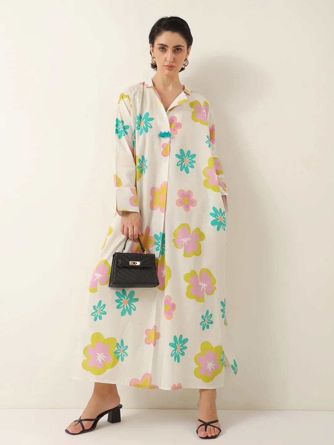 Volso Fashion Women's White Color Floral Shirt Collar Dress