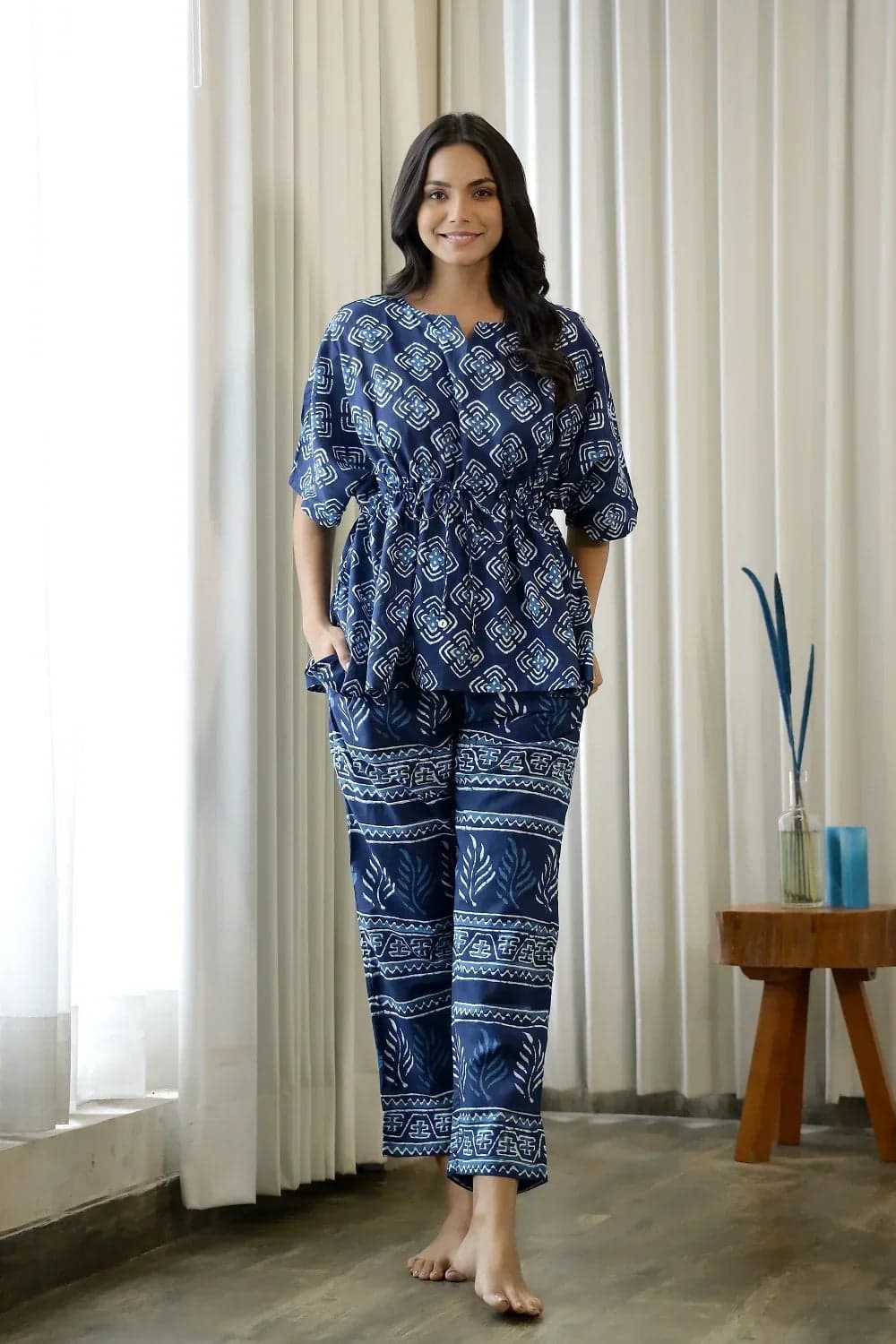 Volso Fashion Women's Navy Blue Pure Cotton Ethnic Motifs Printed Kaftan With Pyjama