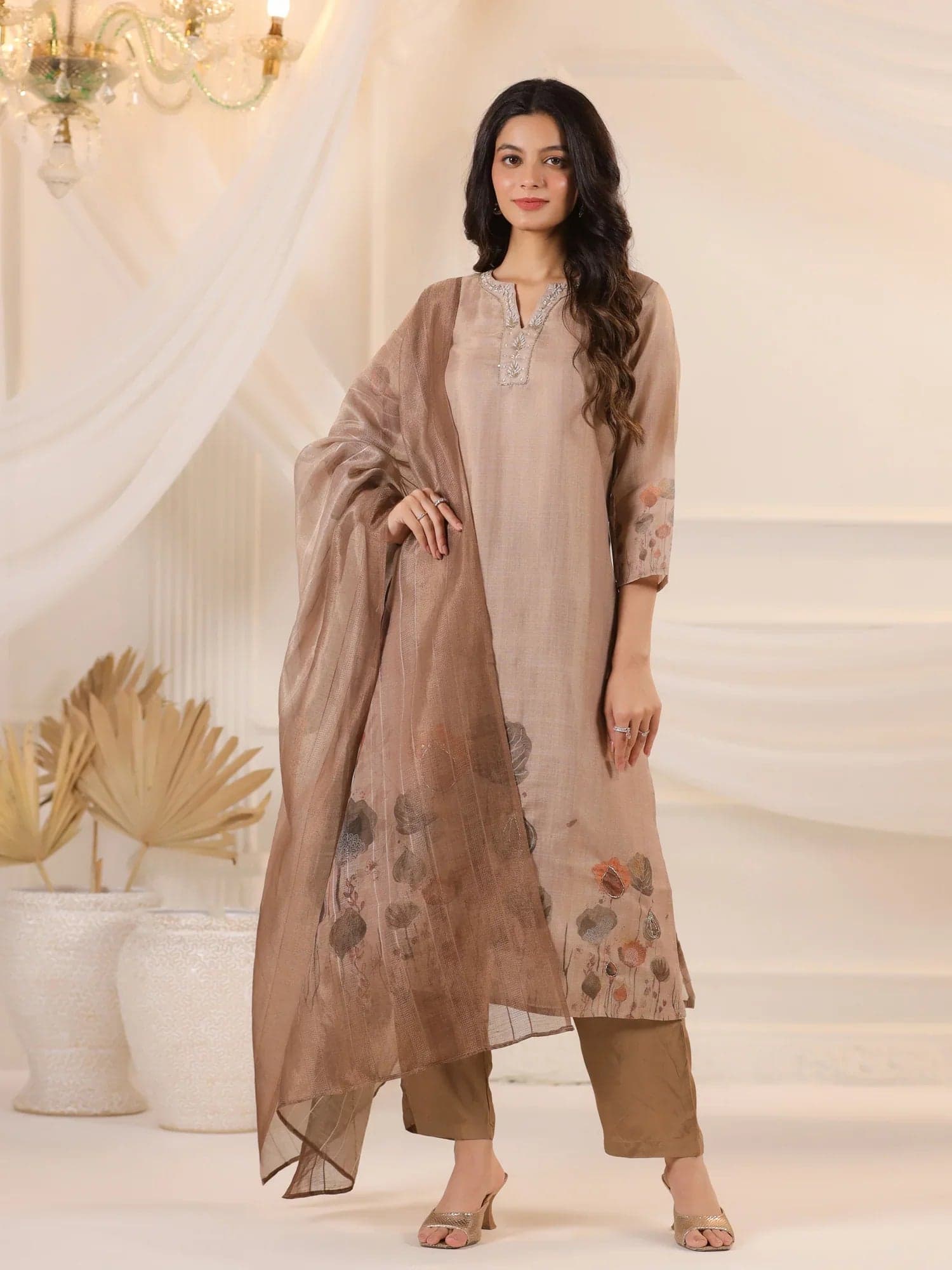 Volso Fashion Women's Brown Floral Printed Kurta Set With Dupatta