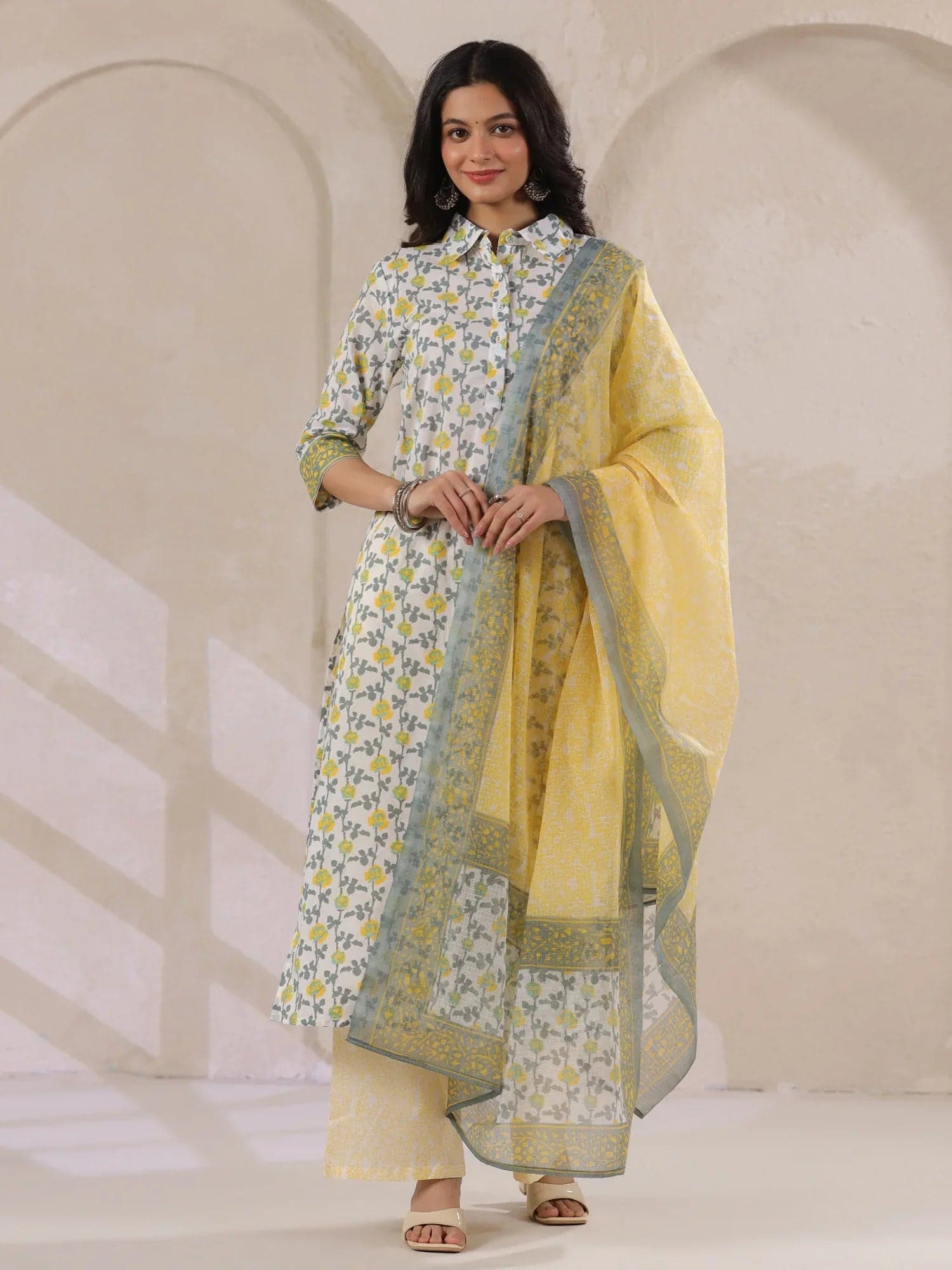Volso Fashion Off White Cotton Kurta Set Yellow Flower Printed With Dupatta