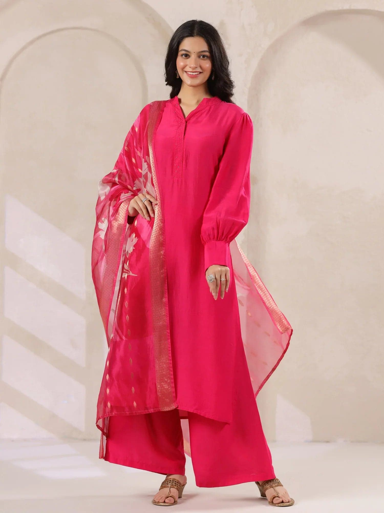 Volso Fashion Pink Straight Kurta With Palazzo Pants And Printed Dupatta