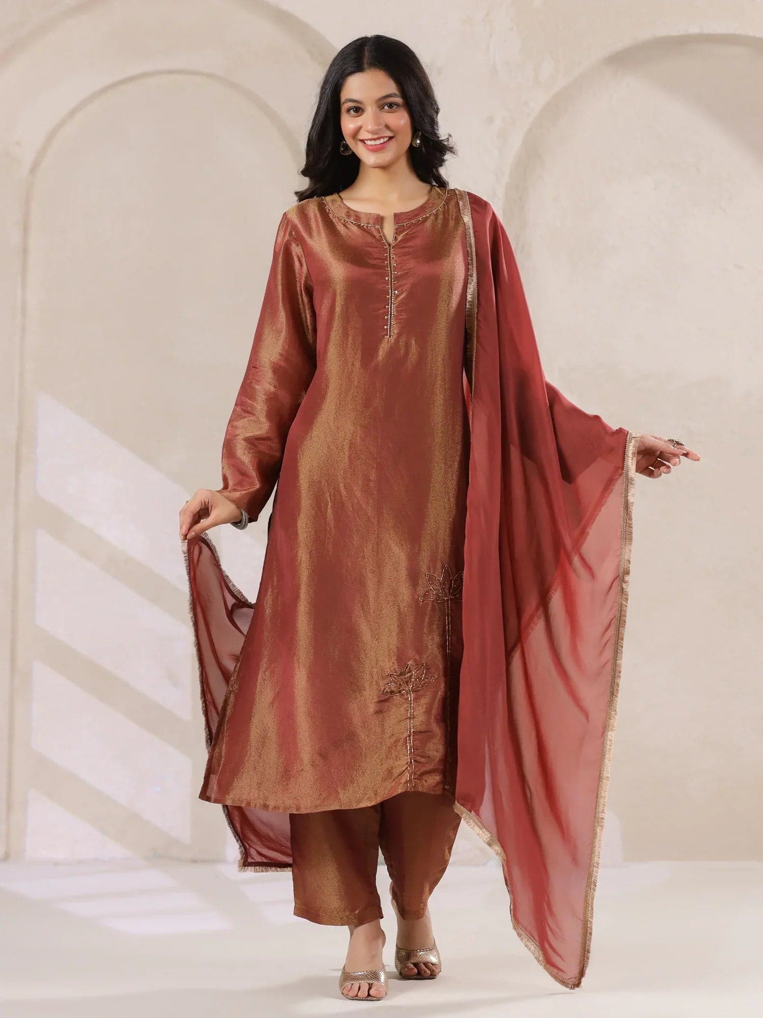 Volso Fashion Women's Maroon Tissue Kurta With Straight Pants And Dupatta Set