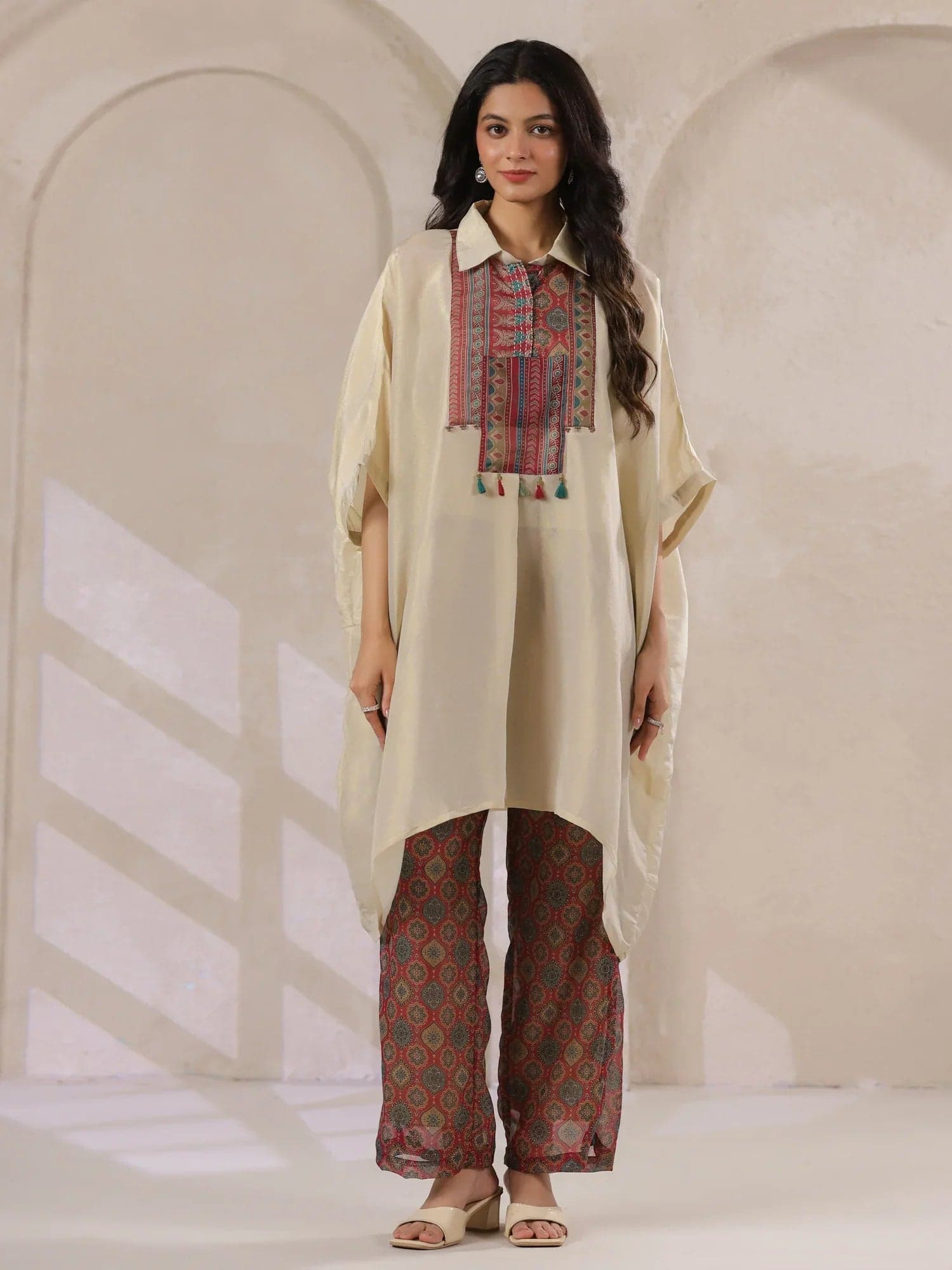 Volso Fashion Cream Kaftan Co-Ord Set With Embroidered And Printed Pants