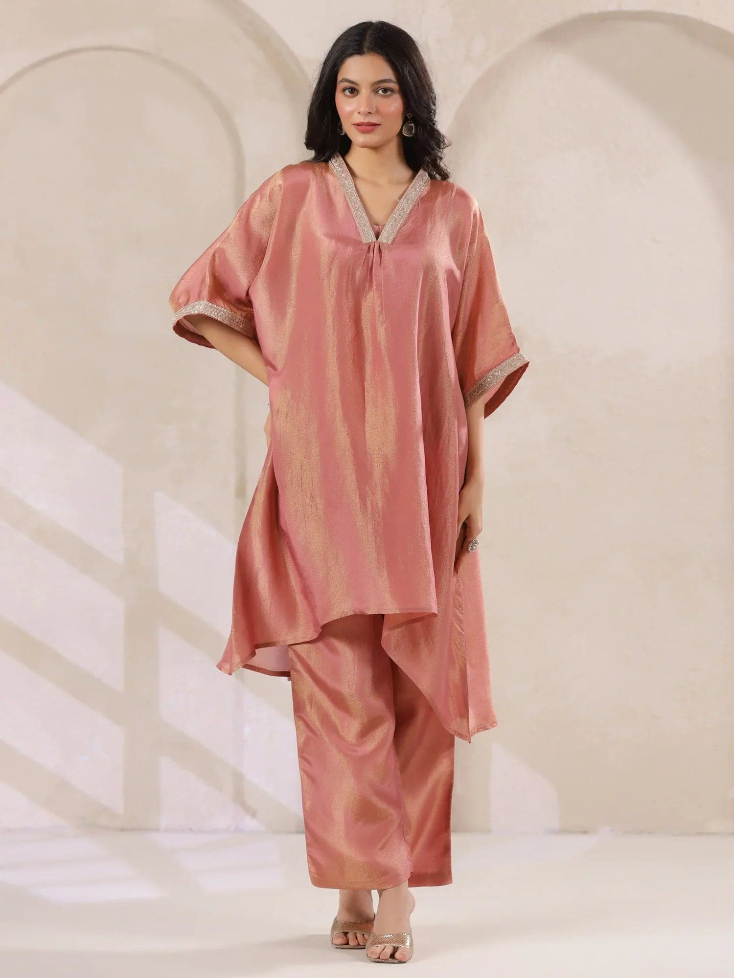 Volso Fashion Women's Rust Silk Blend Kaftan Co-Ord Set With Embellished