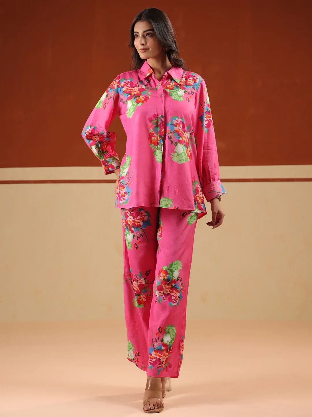 Volso Fashion Pink Floral Print Relaxed Shirt And Trousers Co-Ord Set