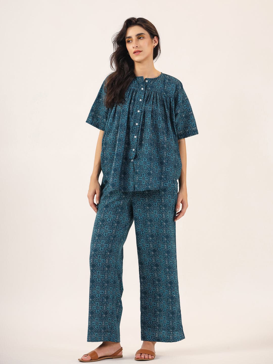 Volso Fashion Women's Blue Printed Round Neck Cotton Night Suit Set