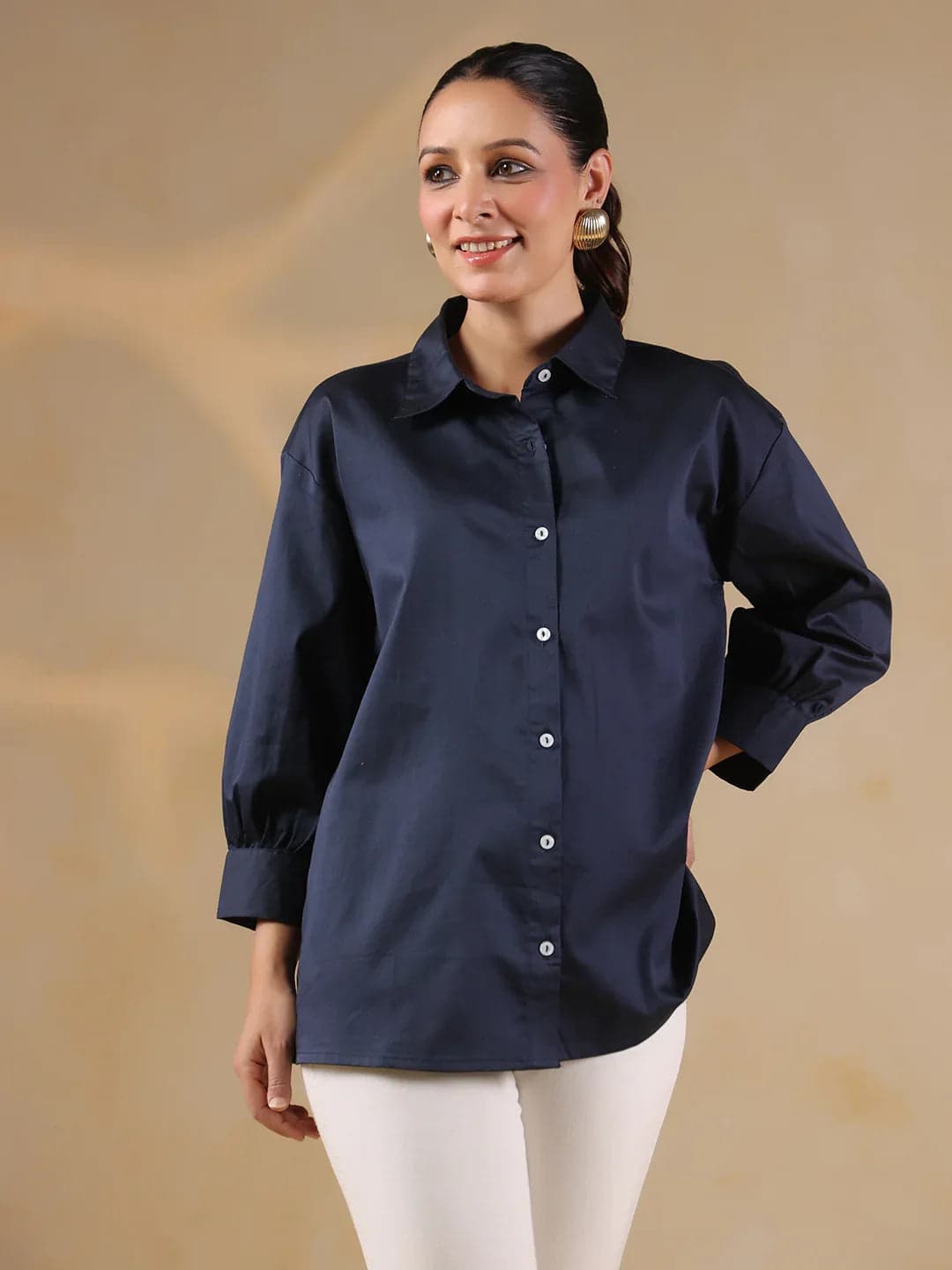 Volso Fashion Women's Navy Blue Shirt Collar Oversized Solid Women Shirt