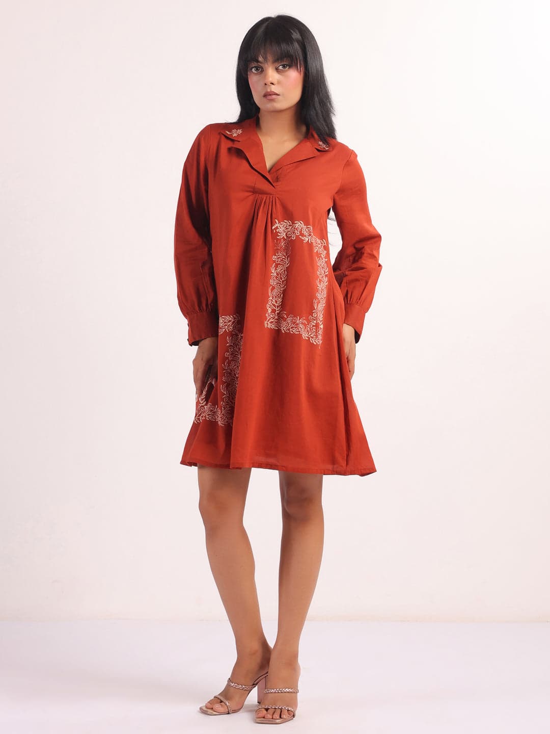 Volso Fashion Women's Rust Shoulder Straps Printed Flared Midi Dress