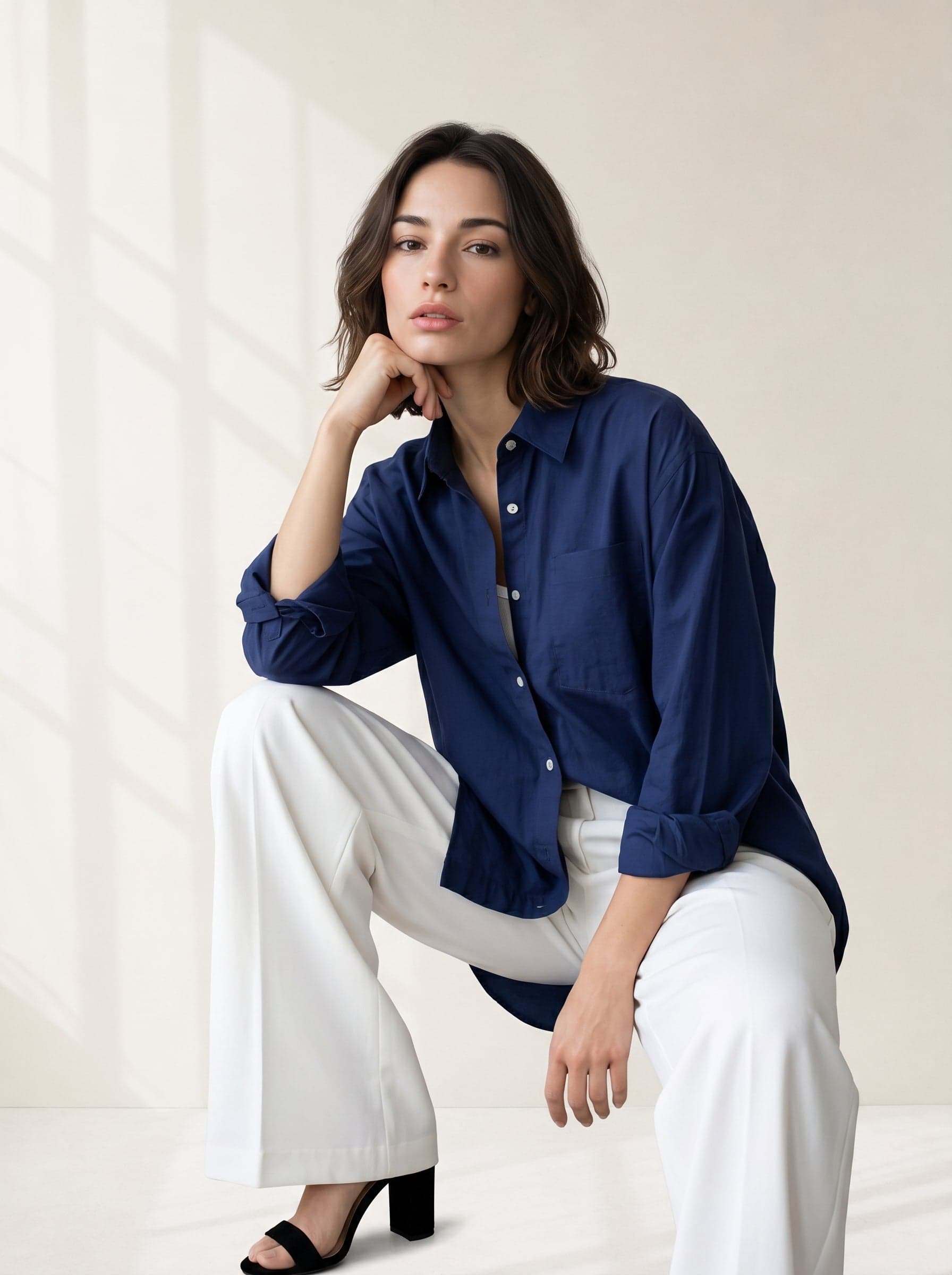 Volso Fashion Women's Blue Spread Collar Solid Casual Cotton Shirt